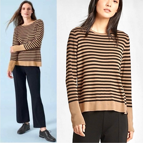 Eileen Fisher Silk Sweater Knit Top Stripe Pullover Boxy Tencel Black Tan Size M - Picture 1 of 8